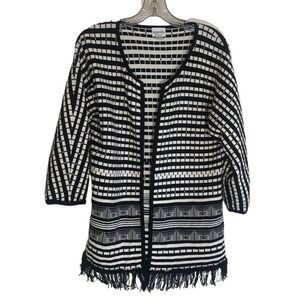 Chico's Open Front Fringed Cardigan Black White Chico's SZ 0 US SZ 4